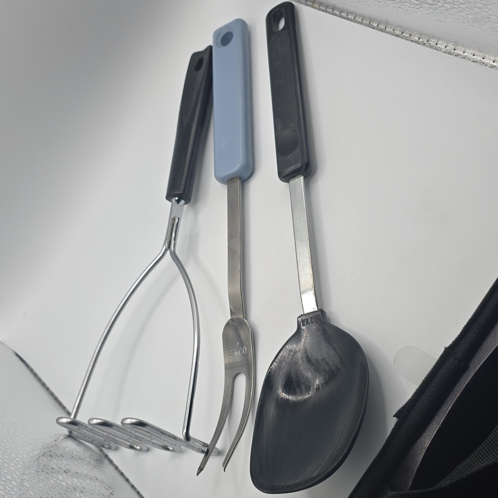EKCO‎ Utensil Set Masher Meat Fork Spoon Black Blue Stainless Steel Plastic